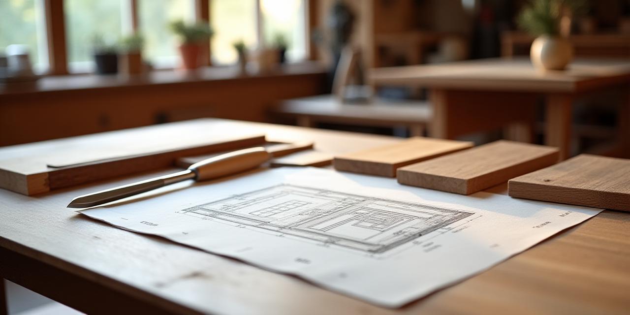 Architexture Furnishings design studio with architectural sketches and wood samples