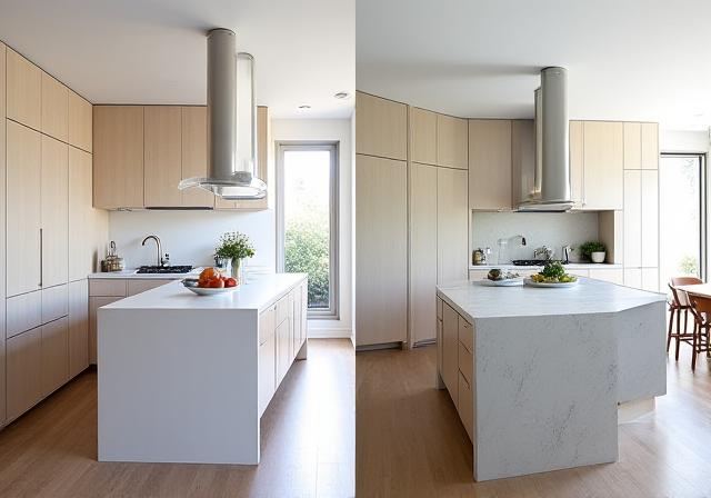 The completed architectural installation with custom white oak cabinetry